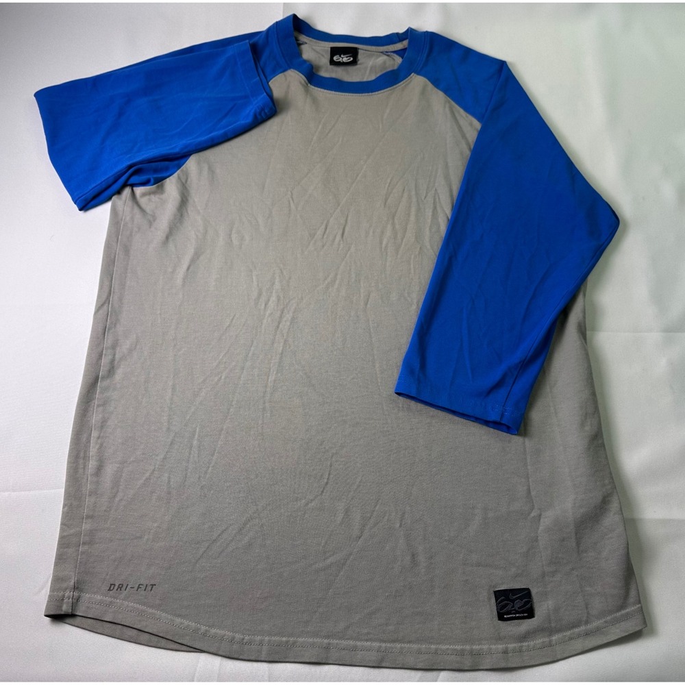 Nike Dri-FIT Baseball Raglan Shirt Mens L Gray‎ Blue Swoosh Logo Tee 3/4 Sleeve